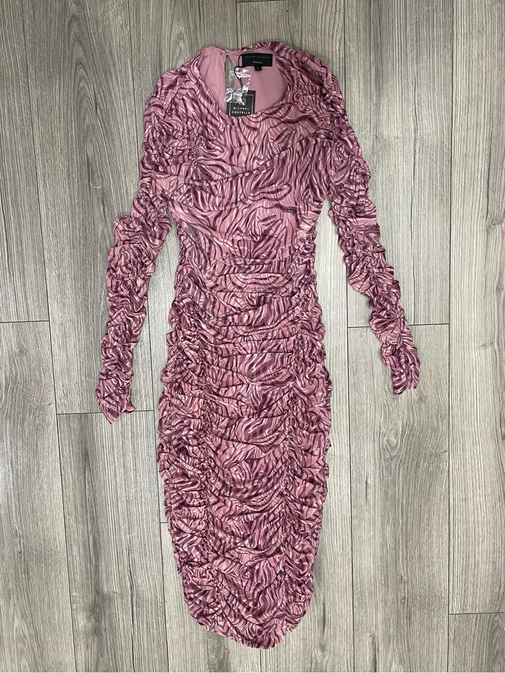 NWT Michael Costello x Revolve Animal Print Runched Midi Length Dress Size Small
